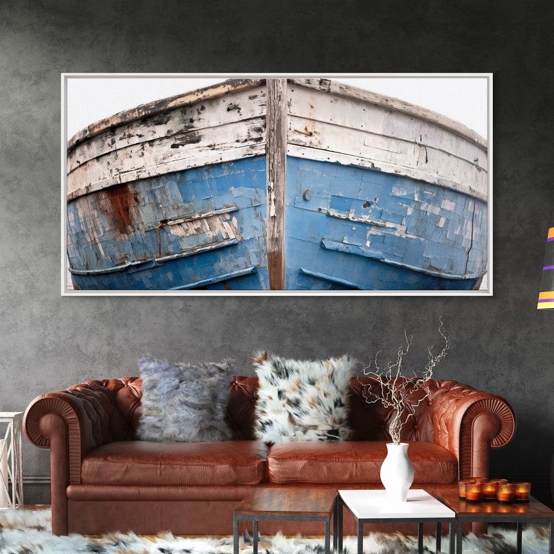 Photo Of An Old Wooden Boat With Peeling Paint, Framed Canvas Print, Nautical Wall Art, Lakehouse Decor