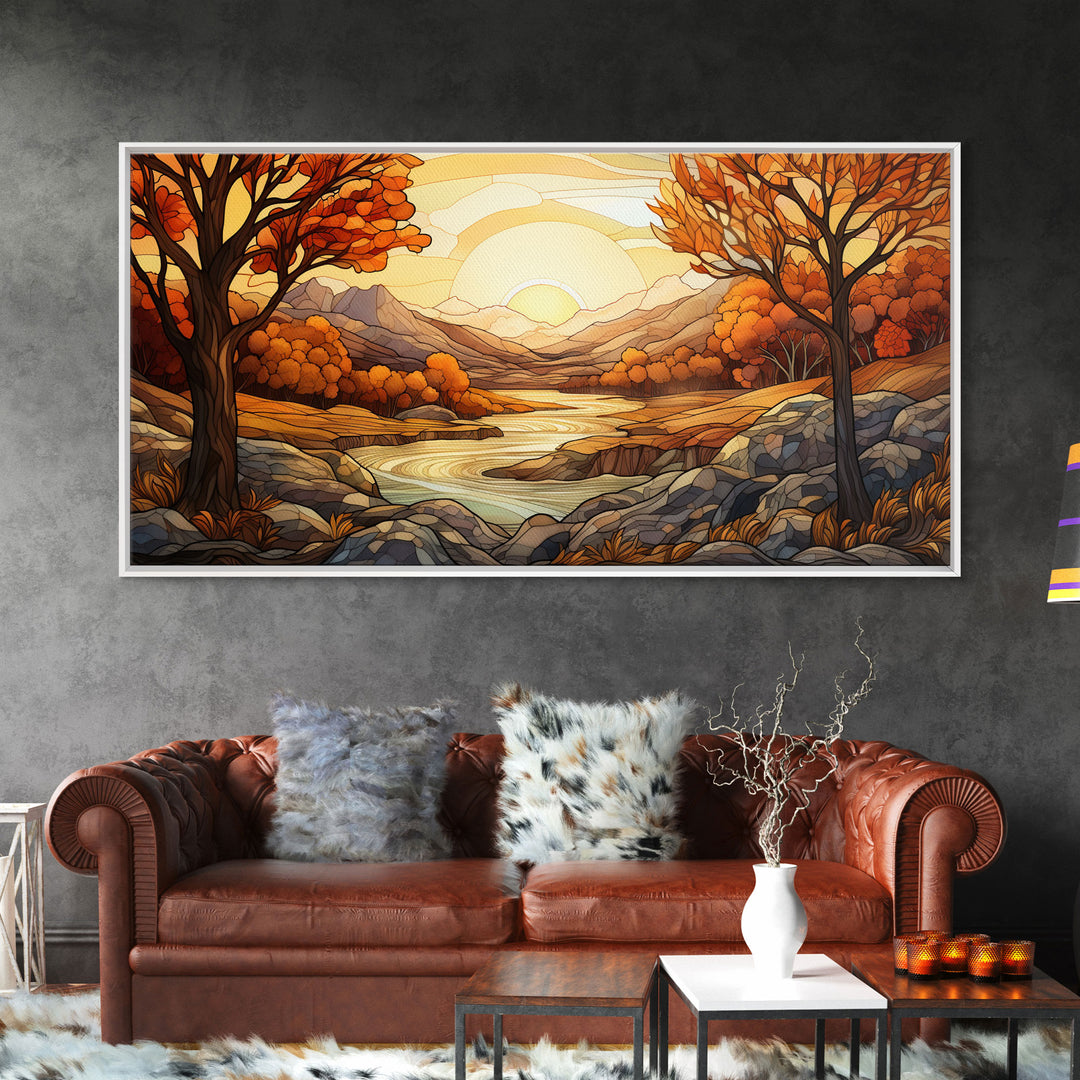 Fall Centerpiece Landscape Painting Canvas Print, Stained Glass Style Art, Stained Glass Wall Art, Autumn Decor, Rustic Fall Art, Fall Decor