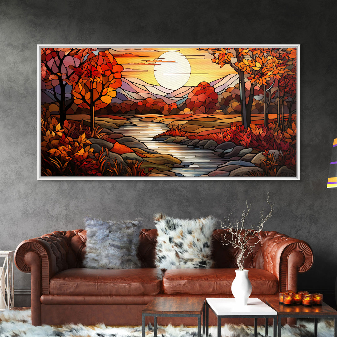 Fall Centerpiece Landscape Painting Canvas Print, Stained Glass Style Art, Stained Glass Wall Art, Autumn Decor, Rustic Fall Art, Fall Decor