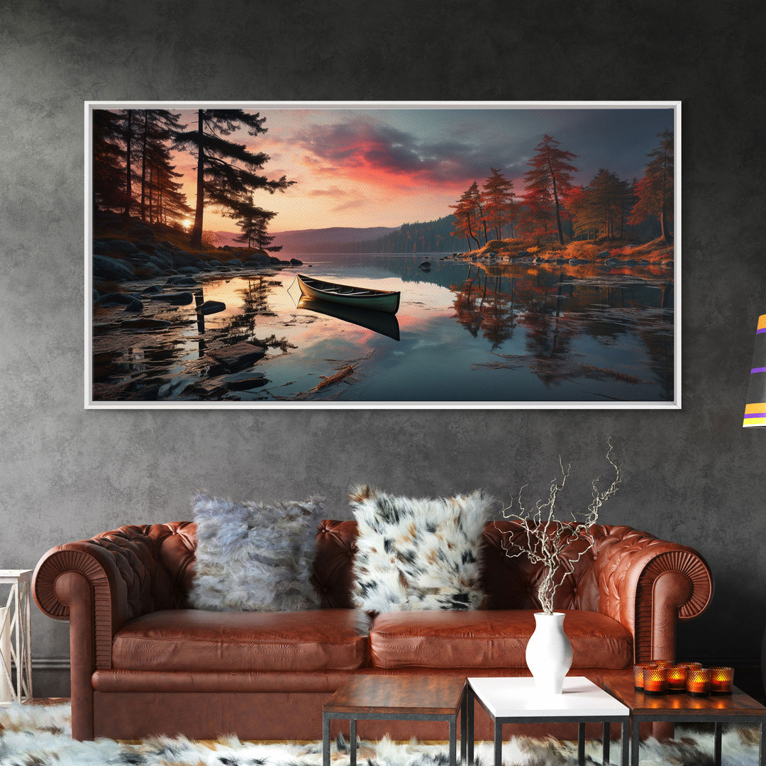 Pacific Northwest Photography Print, Beautiful Lake With Canoe In The Fall, Framed Canvas Print, Photography Decor, Fall Decor