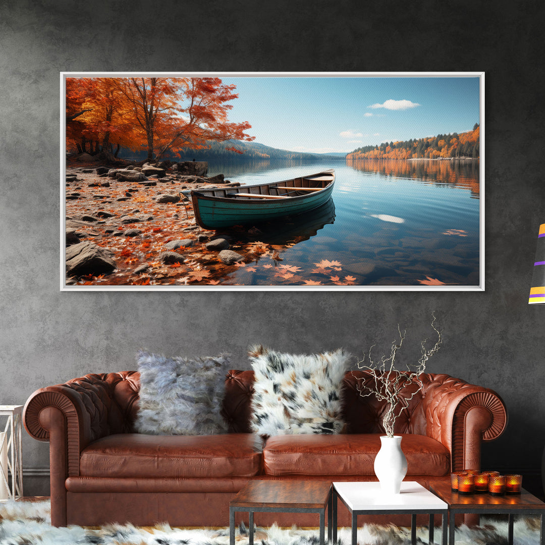 Pacific Northwest Photography Print, Beautiful Lake With Canoe In The Fall, Framed Canvas Print, Photography Decor, Fall Decor