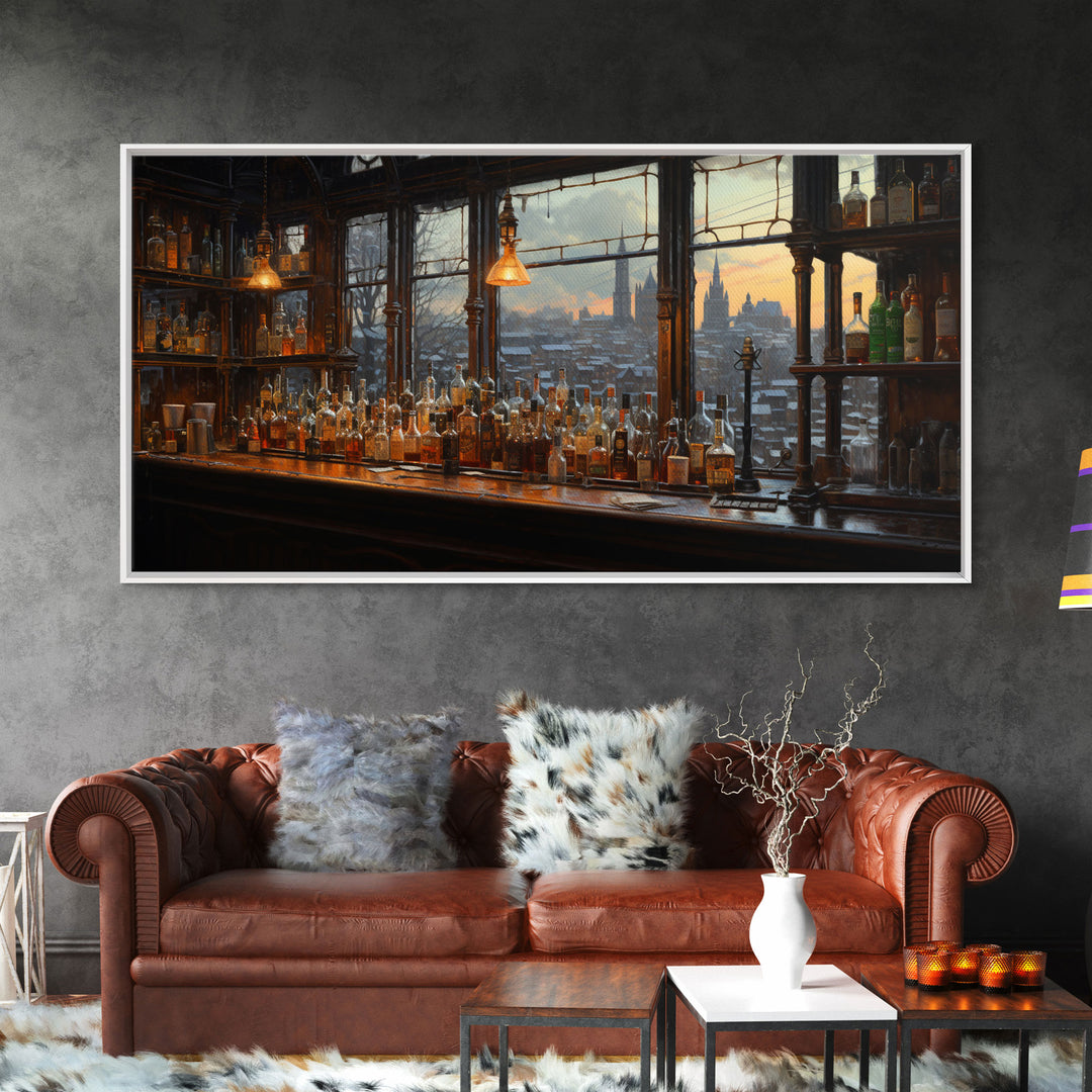 Old Timey Western Bar, Oil Painting Of A Vintage Bar Overlooking The City, Kitchen Art, Kitchen Wall Art, Home Bar Decor, Bar Cart Art