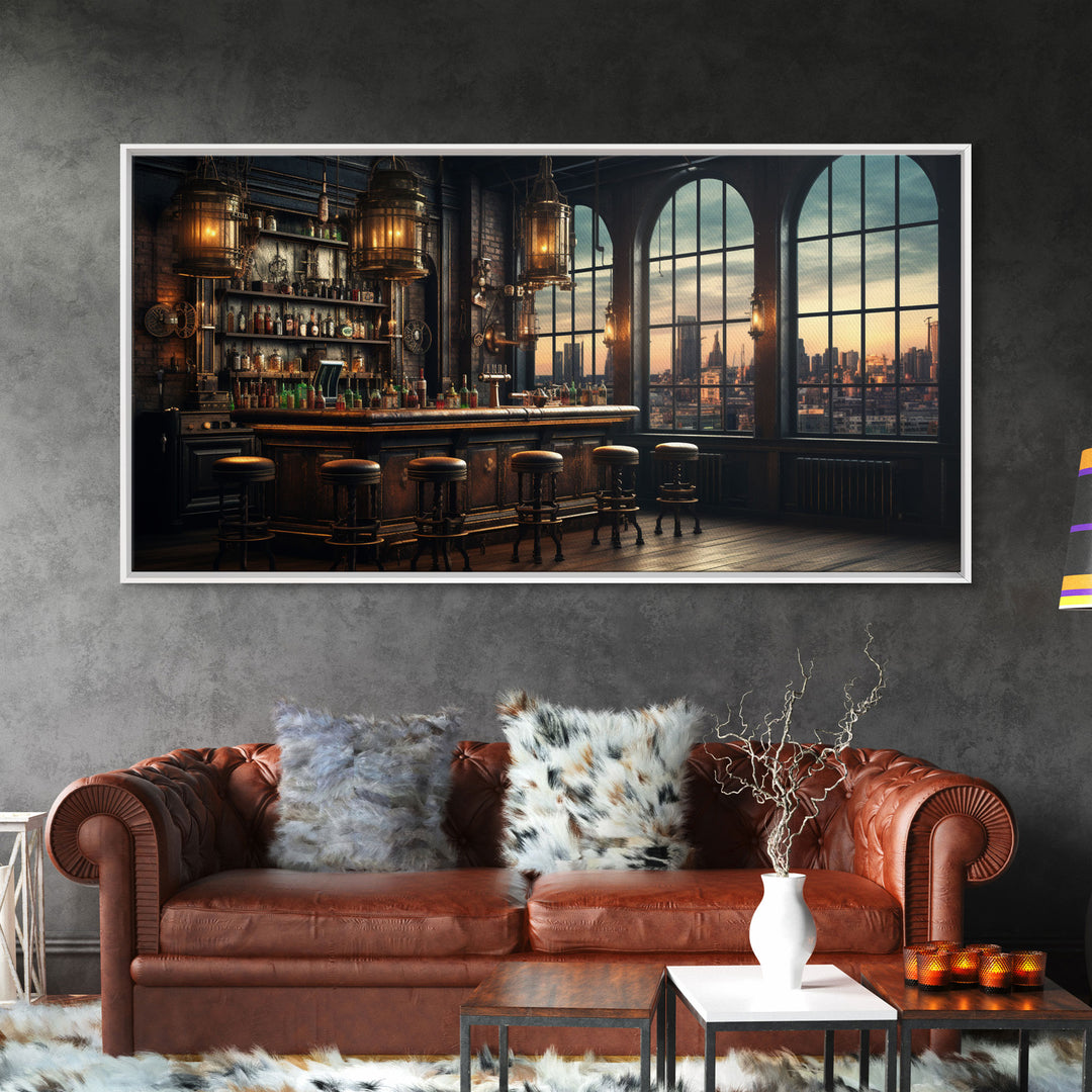 Fall Bar Decor Framed Canvas Print, Oil Painting Of A Vintage Bar In An Industrial Loft, Fall Centerpiece, Fall Decor, Cart Art