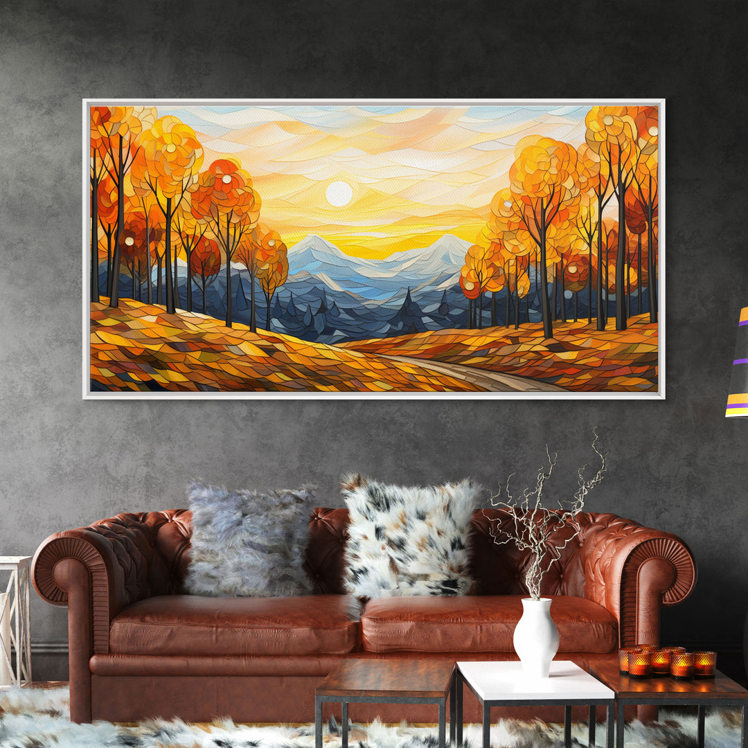 Fall Trees, Autumn Wall Art, Abstract Nature Painting, Sunset Art, College Dorm Decor, Camper Wall Decor, Canvas Wall Art, Panoramic Art