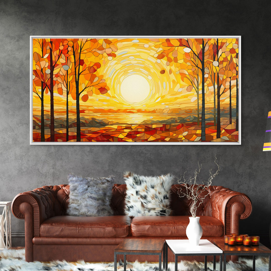 Beautiful Fall Decor Centerpiece Framed Canvas Print, Autumn Decor, Fall Wall Art, Above Mantle Wall Art, Stained Glass Style