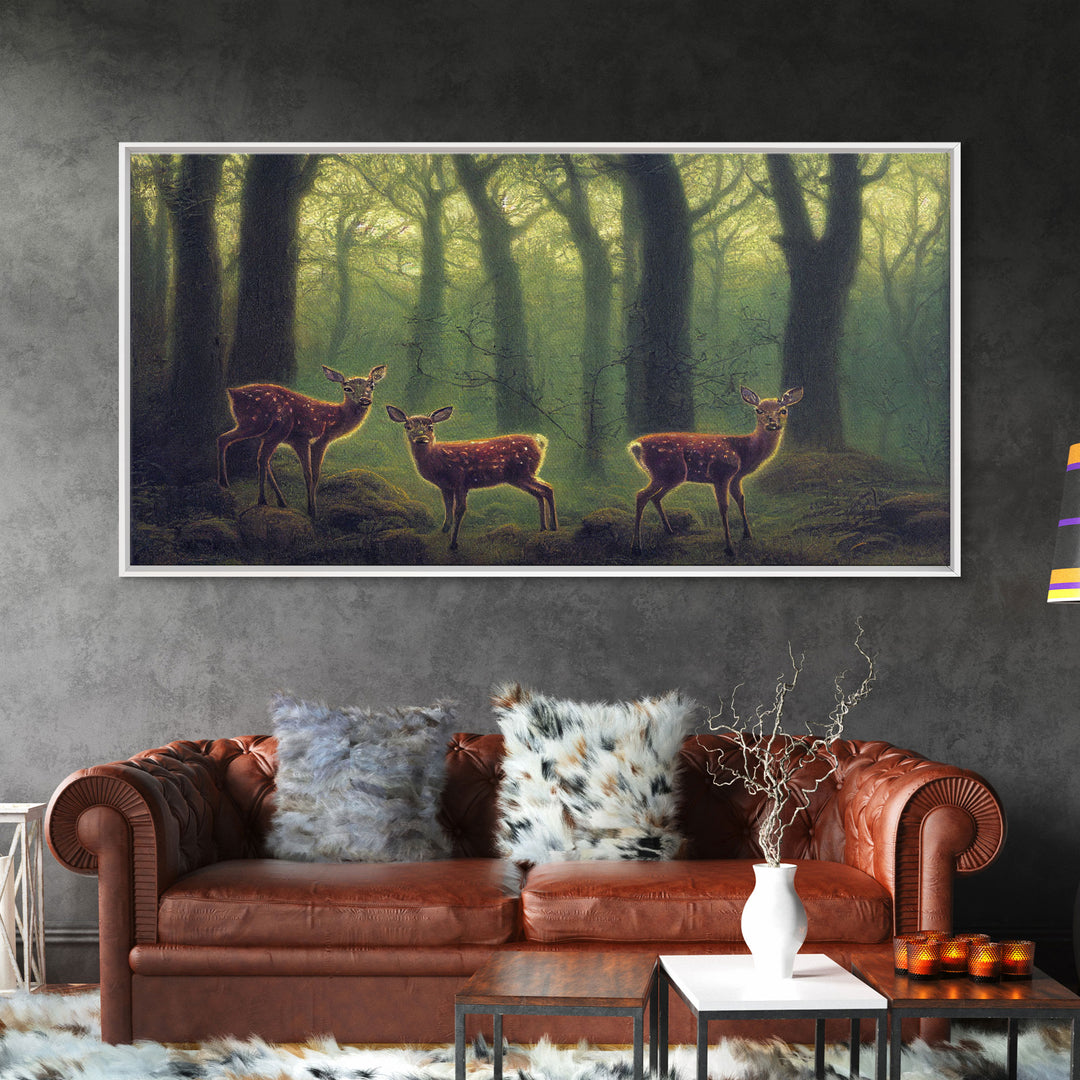 Does in a majestic forest, whitetail deer art, framed canvas print, ready to hang framed wall art