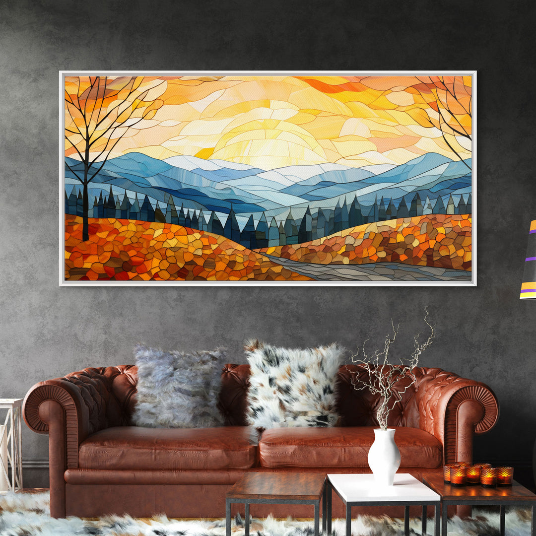 Beautiful Fall Decor Centerpiece Framed Canvas Print, Autumn Decor, Fall Wall Art, Above Mantle Wall Art, Stained Glass Style