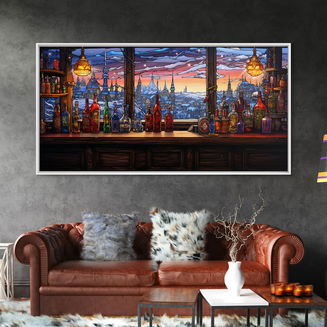 Tavern Art, Window, Winter Wall Art, Bottles Print, Canvas Print, Wall Hanging, Landscape Art, Family Room Art, Business Gift, Travel Print