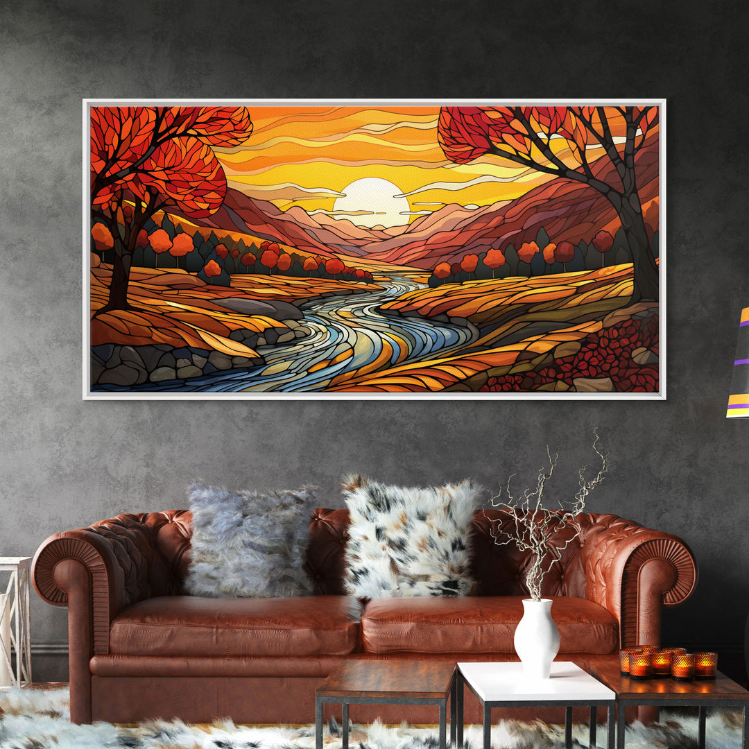 Fall Wall Art, Abstract Wall Print, Sunset Art, River Art, Canvas Print, Wall Hanging, Panoramic Art, Nature Lover Gift, Above Bed Decor