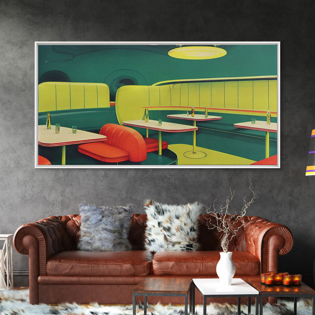 Retro Art, Lime green 1950s style art deco diner, framed canvas print, ready to hang framed wall art