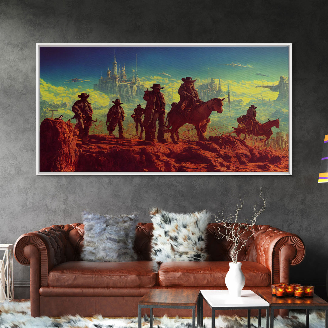 Space Cowboys, Wildwest Scifi Mashup Fantasy Art, framed canvas print, ready to hang framed wall art