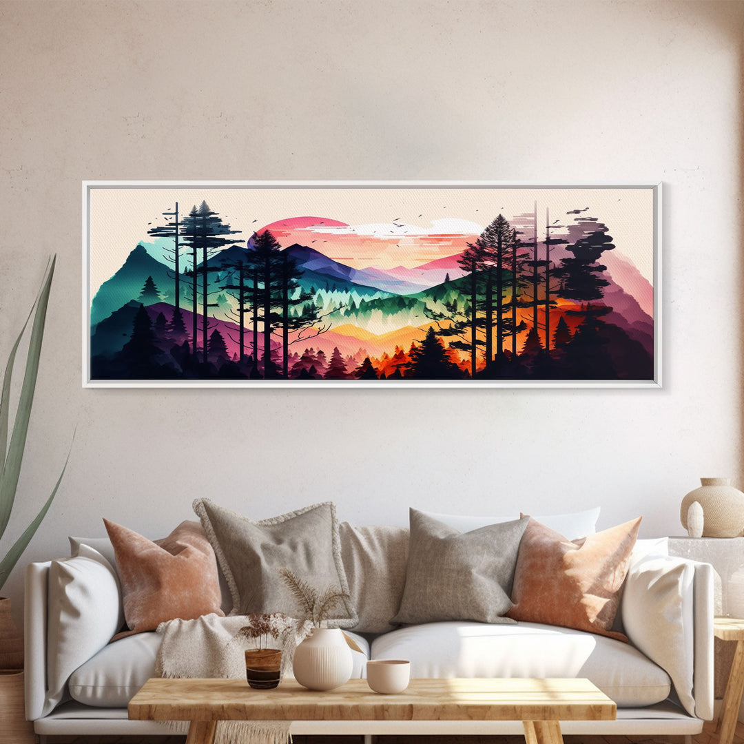 Vibrant Double Exposure Watercolor of a Mountain Landscape and Pine Tree Forest at Sunset, Wide Panoramic Framed Canvas Print