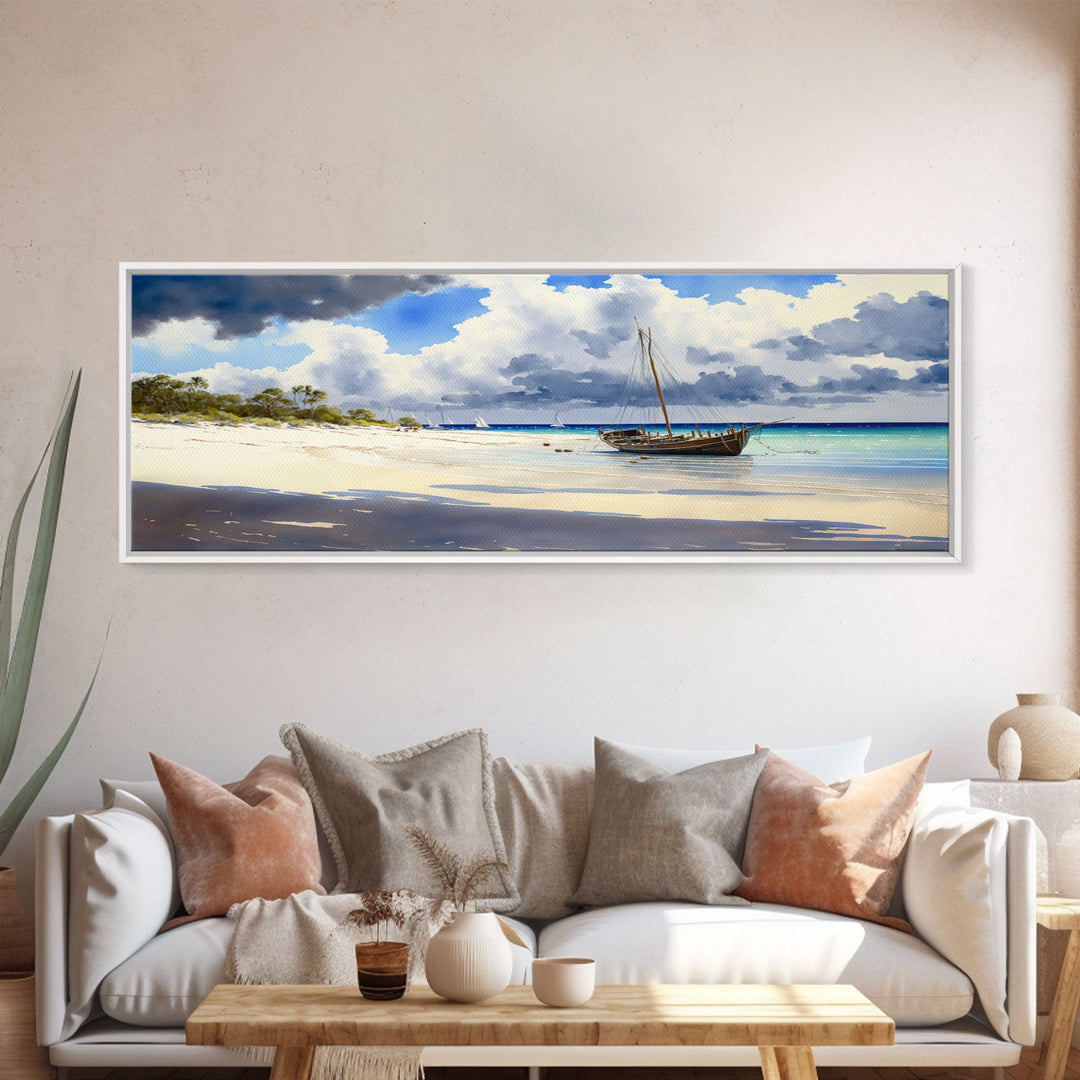 Tropical Shipwreck Island - Framed Canvas Print -Panoramic Beach Art - Blue sky and blue ocean art - nautical sailing decor