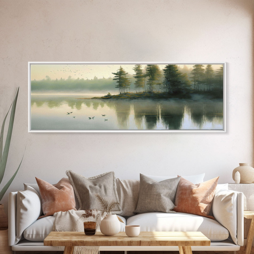 Panoramic Canvas Print of Pacific NW Lake & Forest in Soft Watercolor - Foggy Pine Trees - Framed Wall Art Decor - Framed Wall Art