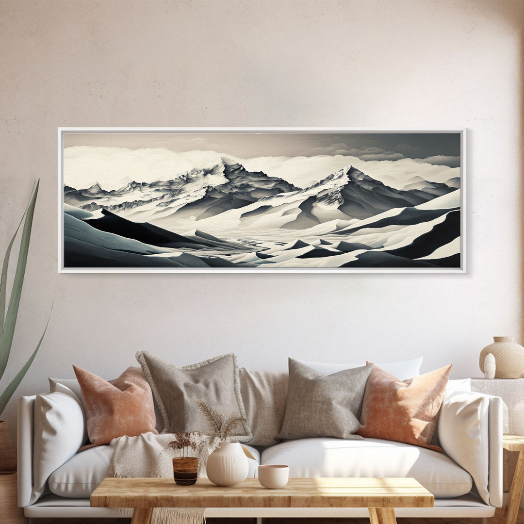 Stunning Panoramic Framed Canvas Print - Black and White Watercolor Landscape Painting - Snow Covered Mountain Art