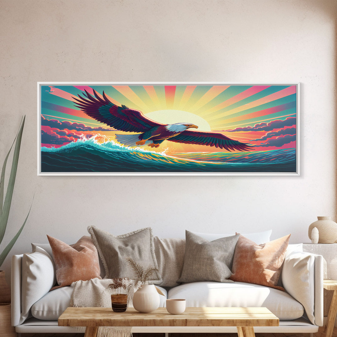 American Bald Eagle, Panoramic Wall Art, Framed Canvas, Retro Style Eagle Painting, Synthwave Ocean Sunset Art