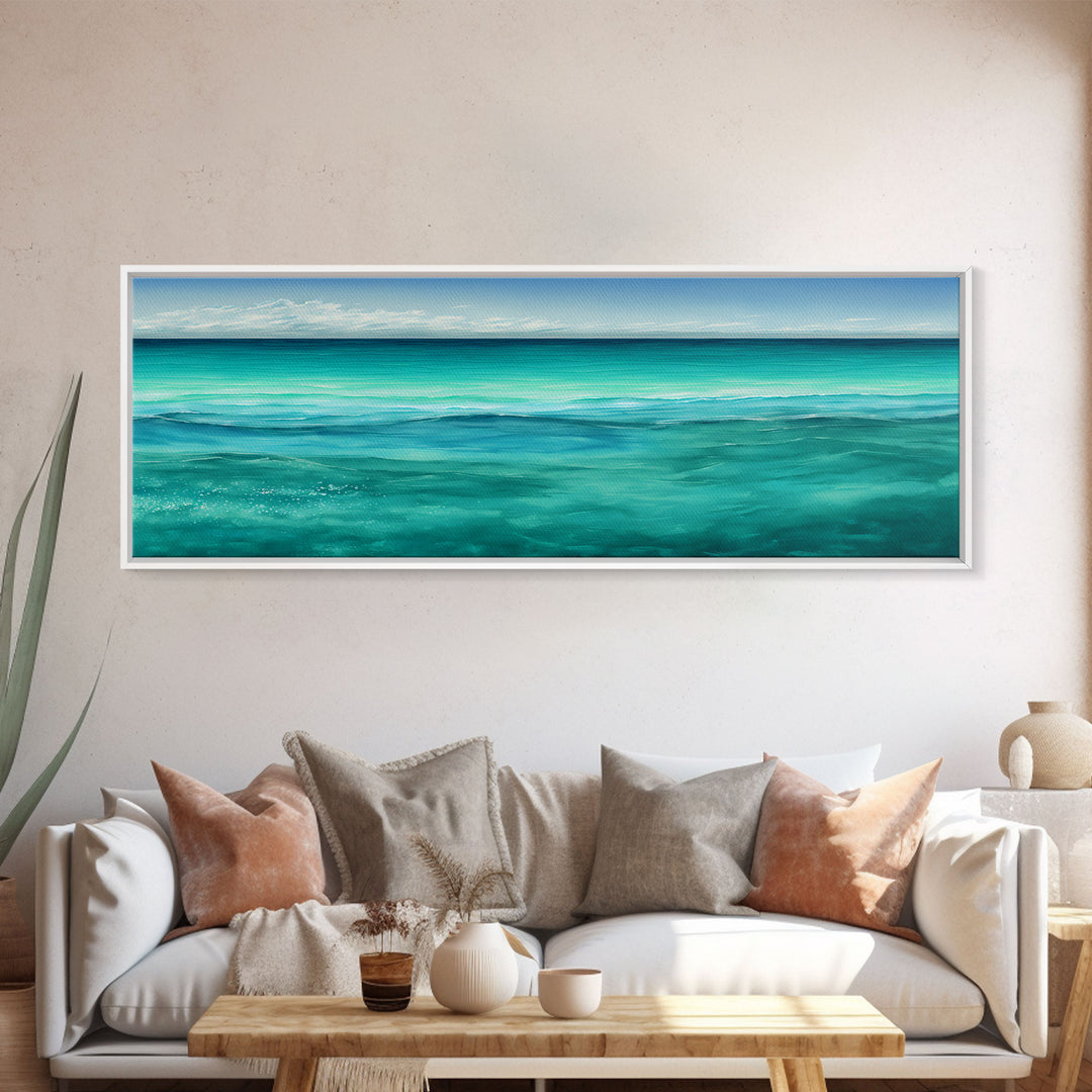 Panoramic Canvas Print of Blue Ocean Landscape Painting - Home and Office Decor, Sea Green, Seascapes, Pacific Ocean, Atlantic Ocean