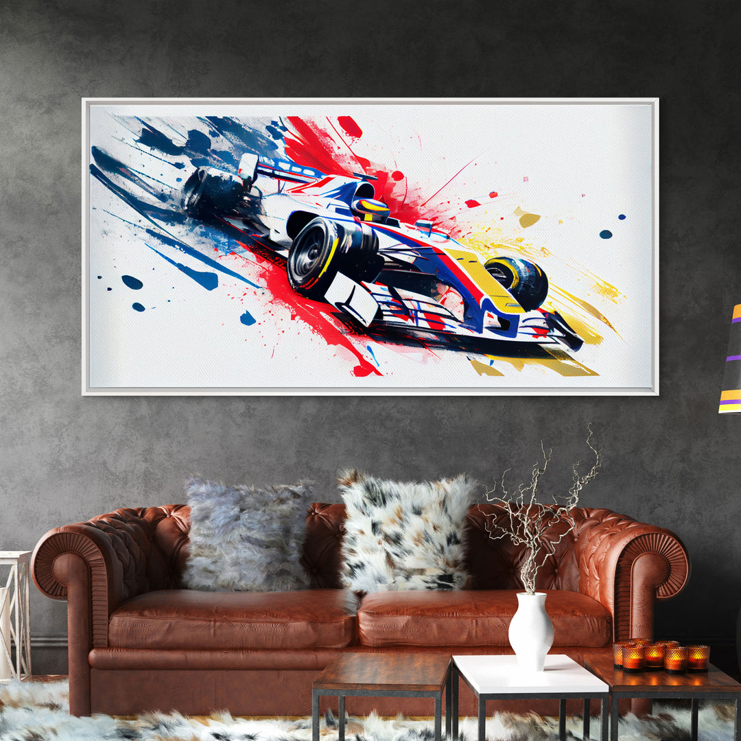 Formula 1 Race Car Graffiti Art, Framed Canvas Print, Wall Art, Mancave Art, F1 Splatter Art