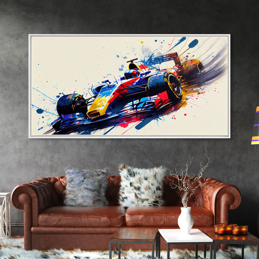 Graffiti Art, Formula One, F1 Race  Car Splatter Paint Art, Framed Canvas Print