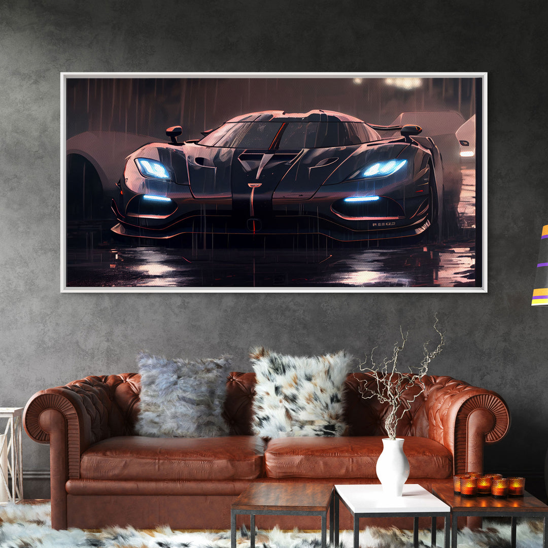 Koenigsegg Agera in the Rain, Supercar Art, Framed Canvas Print