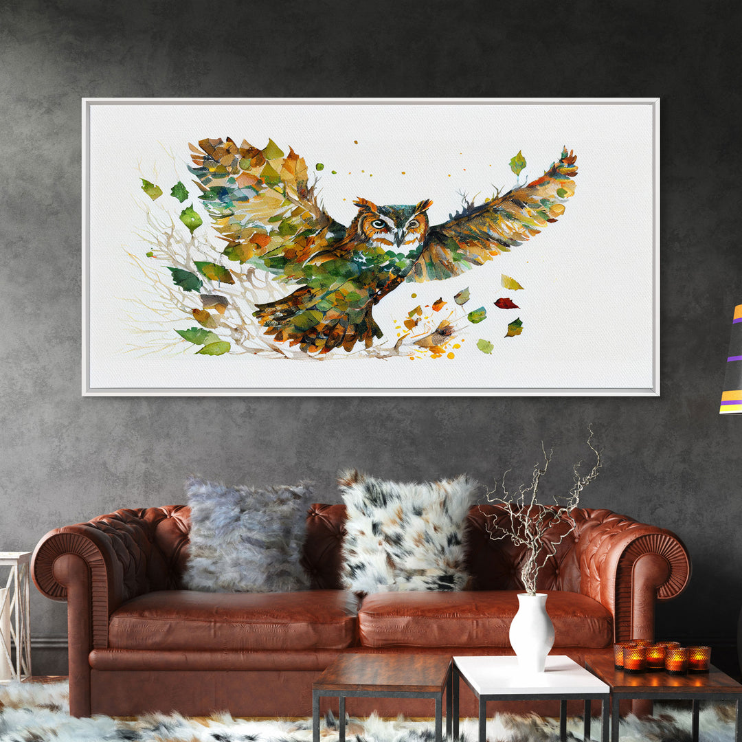 Owl wall art, framed canvas print, owl decor, nature art, owl print, owl painting, owl made of leaves double exposure art