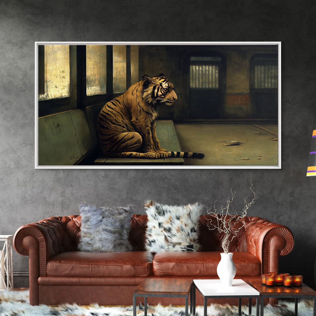 Tiger in a Subway train car, Post-apocalyptic urban decay art, framed canvas print