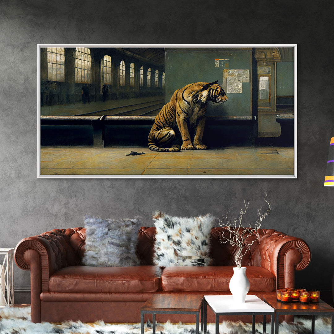 Tiger in a Subway train station, Post-apocalyptic urban decay art, framed canvas print