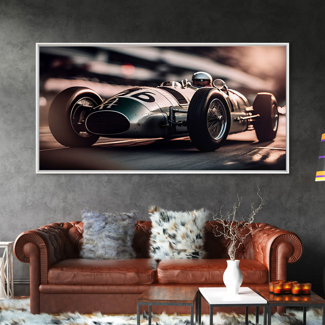 Vintage Race car art, racing art, framed canvas print, old style F1