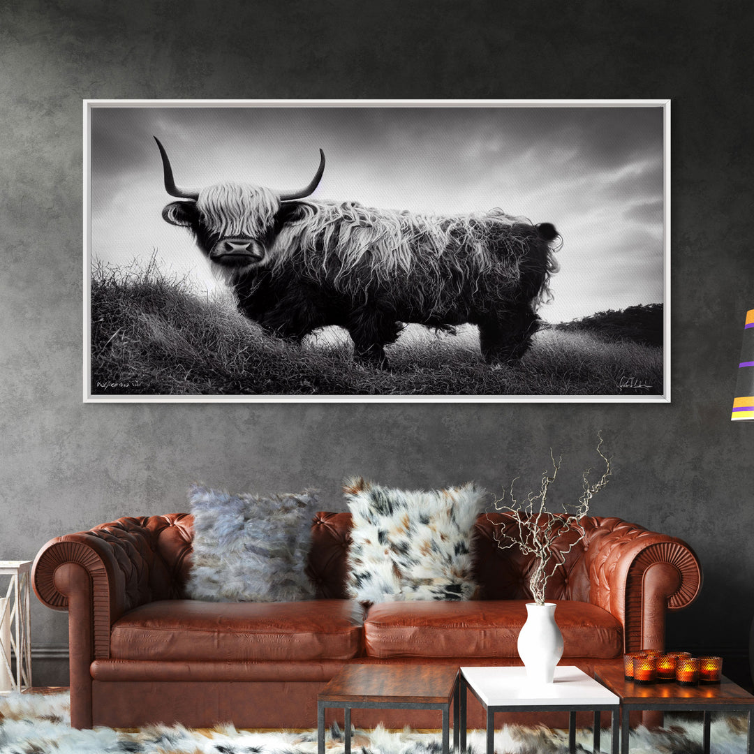 Highland cow, calf art, highland cow black and white watercolor, framed canvas print, bull wall art