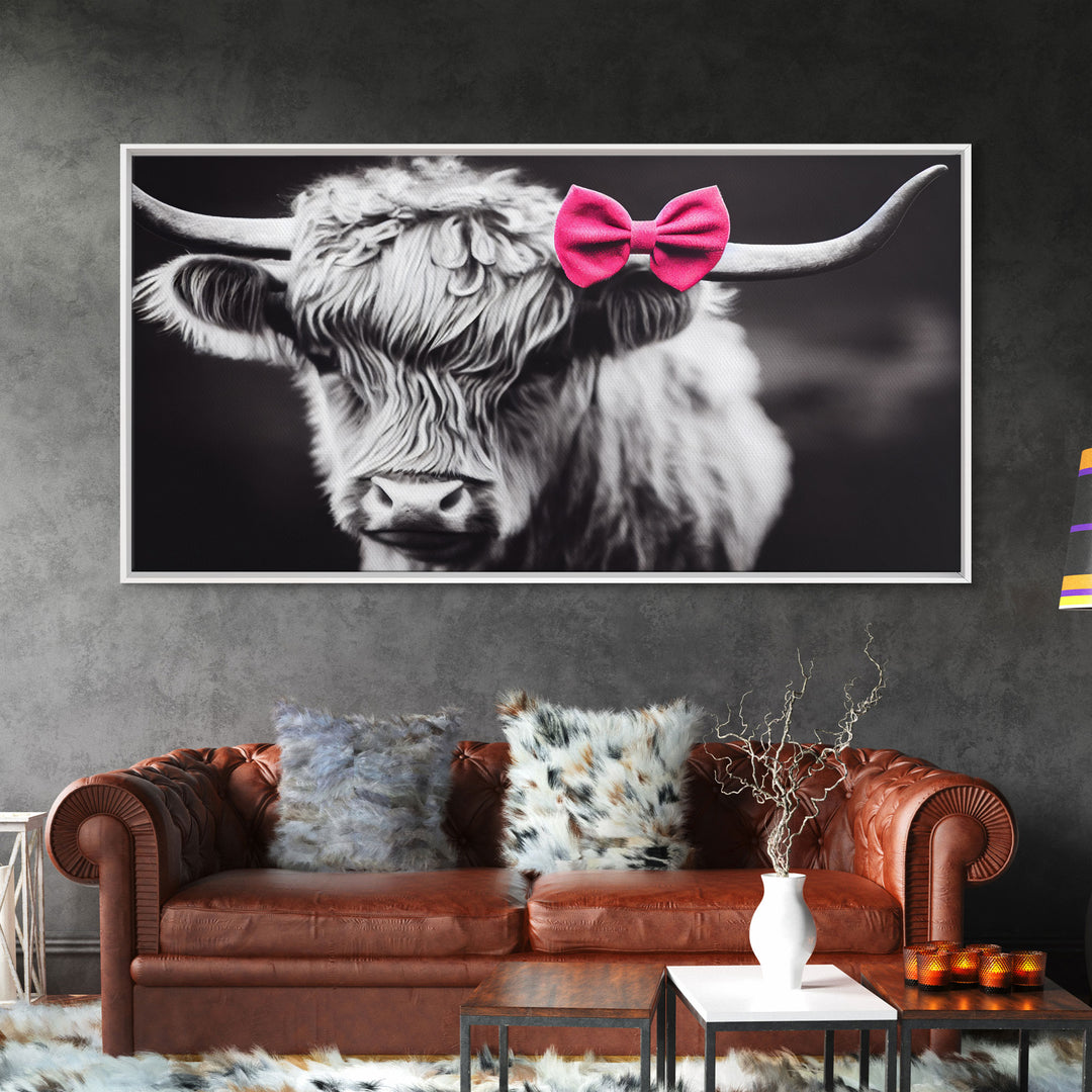 Highland cow canvas wall art, farmhouse decor, black and white cow, cute cow wearing a pink bow, framed canvas print, Scottish cow art