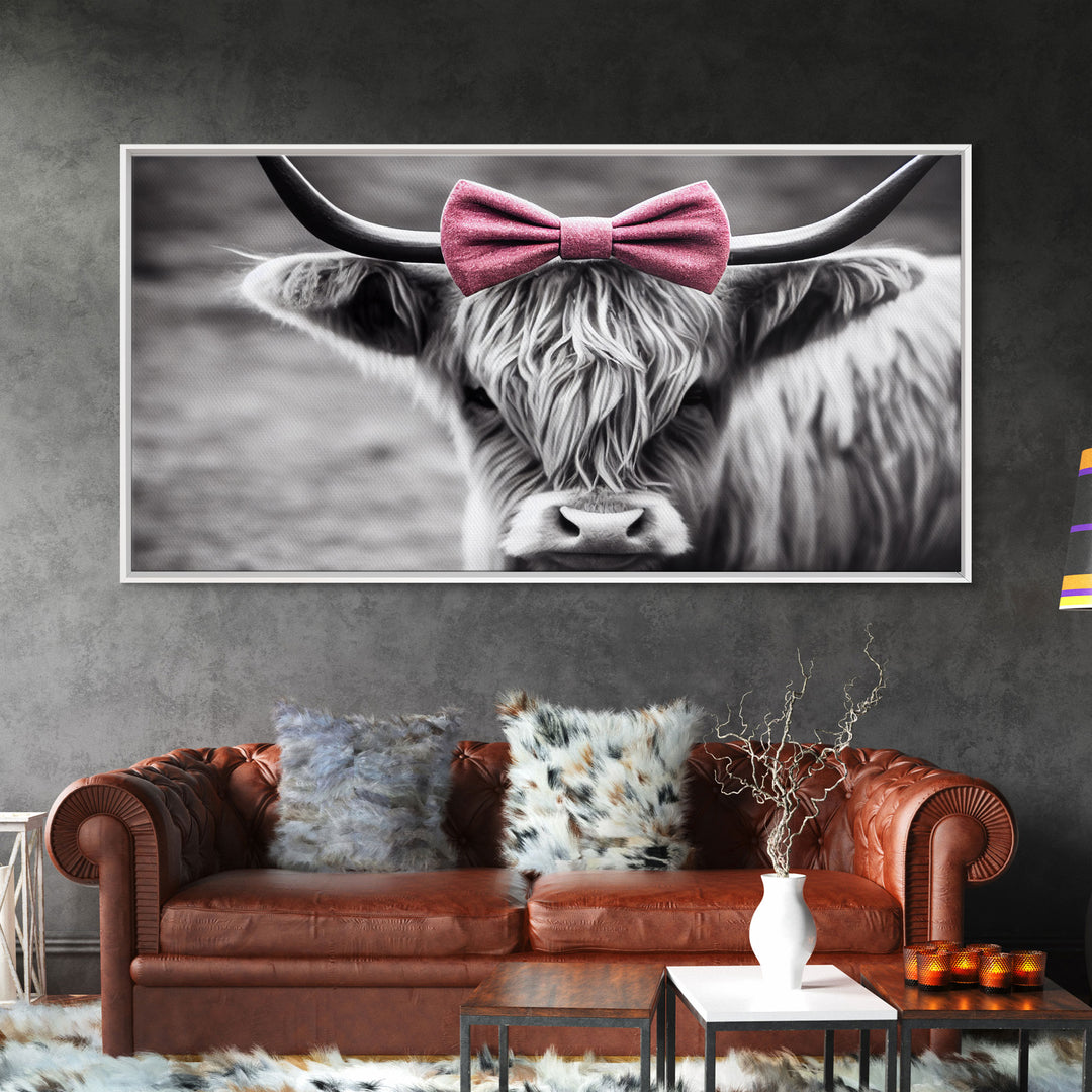 Highland cattle canvas, wall art, Farmhouse decor, Cute Cow Black White print Rustic wall decor Animals painting Scottish cow wall art