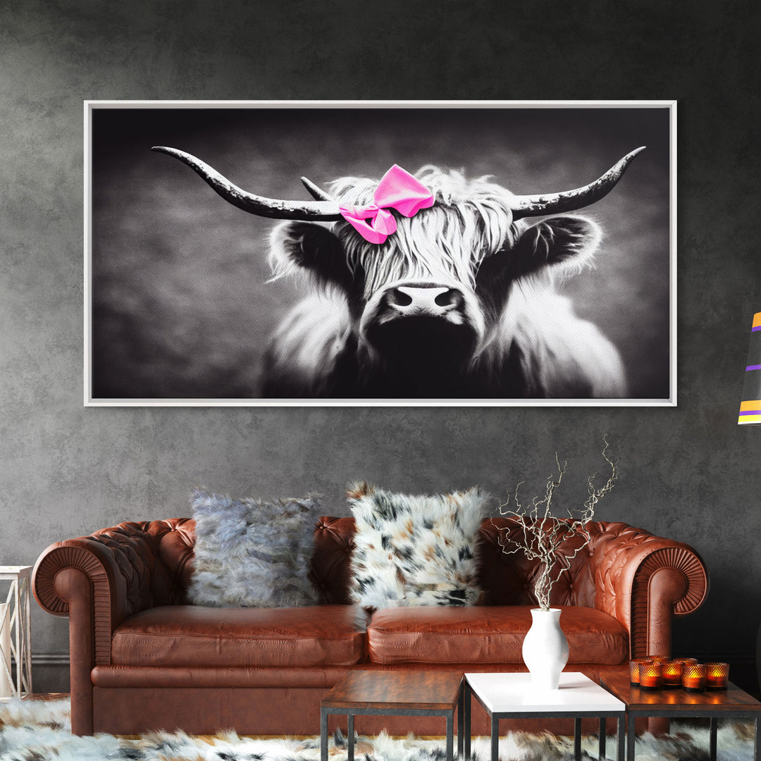 Cute Highland cattle canvas, wall art, Farmhouse decor, Cow Black White print Rustic wall decor Animals painting Scottish cow wall art