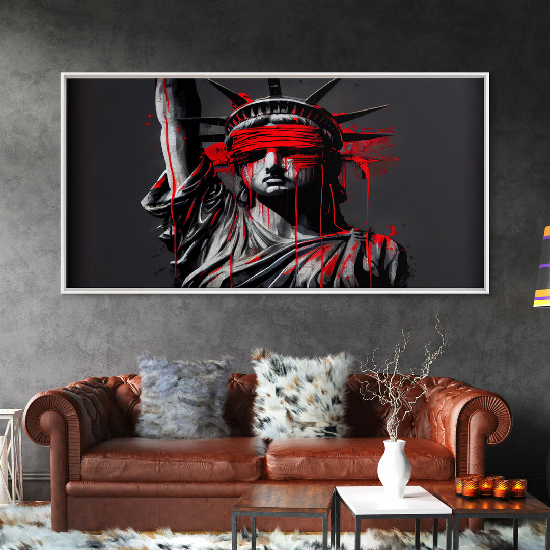 Statue of liberty wearing a bloody blindfold, Dystopian graffiti art, NYC, framed canvas print, pop art Statue of Liberty