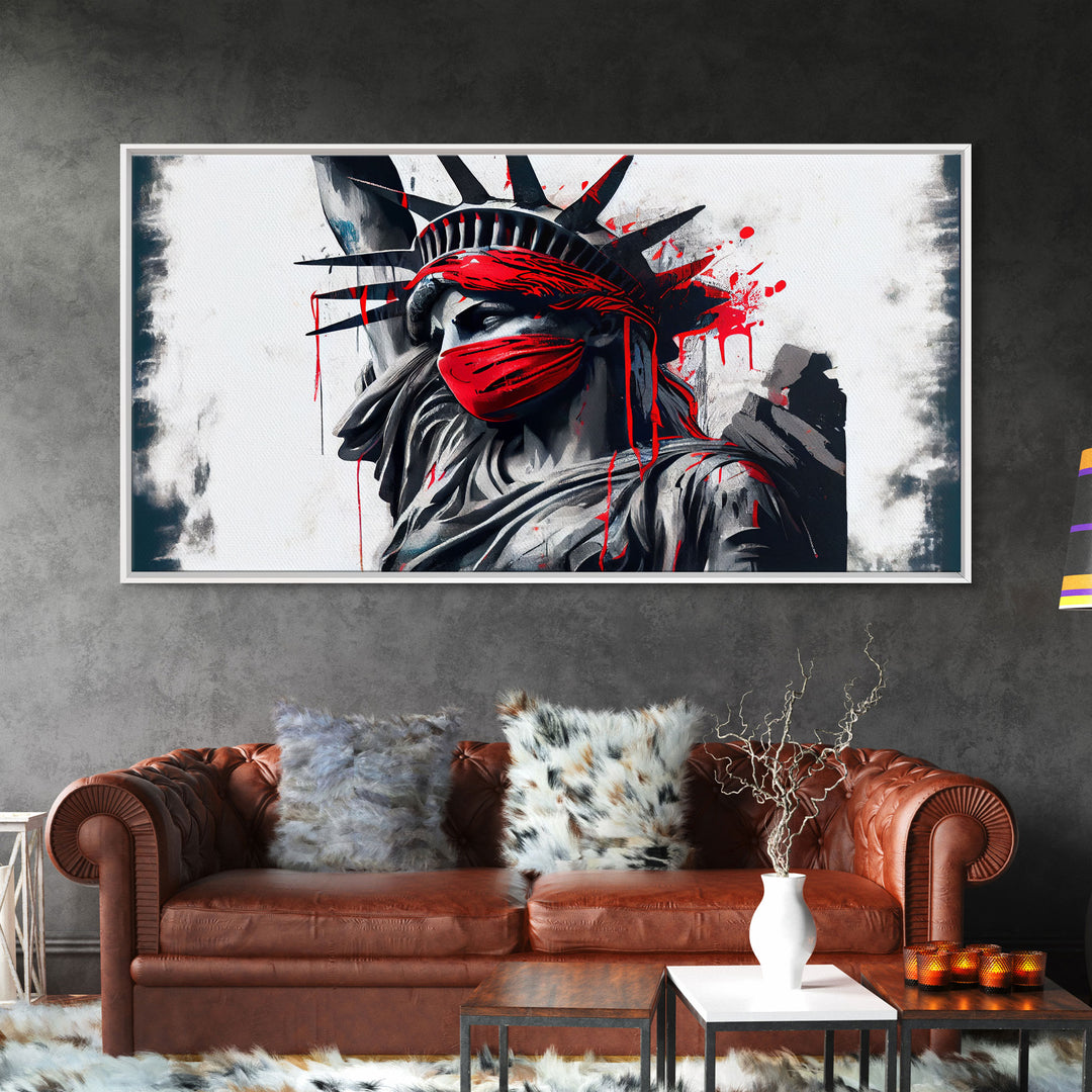 Statue of liberty wearing a bloody Covid mask, Dystopian graffiti art, NYC, framed canvas print, pop art Statue of Liberty