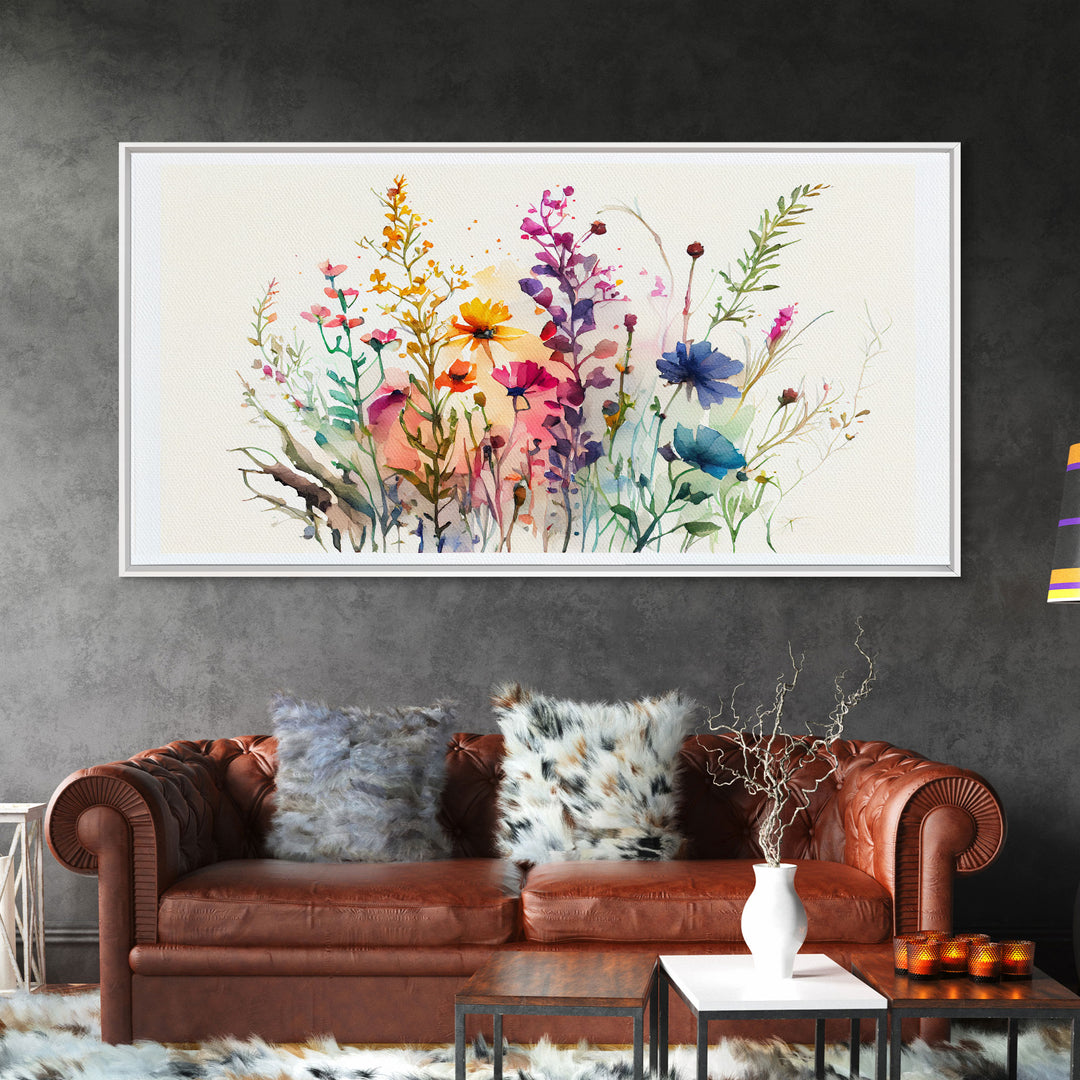 Panoramic Wildflower Canvas Print, Watercolor Flowers, Farmhouse Decor, Meadow Grass, Bedroom Wall Decor, Pastel Colors, Botanical Greenery