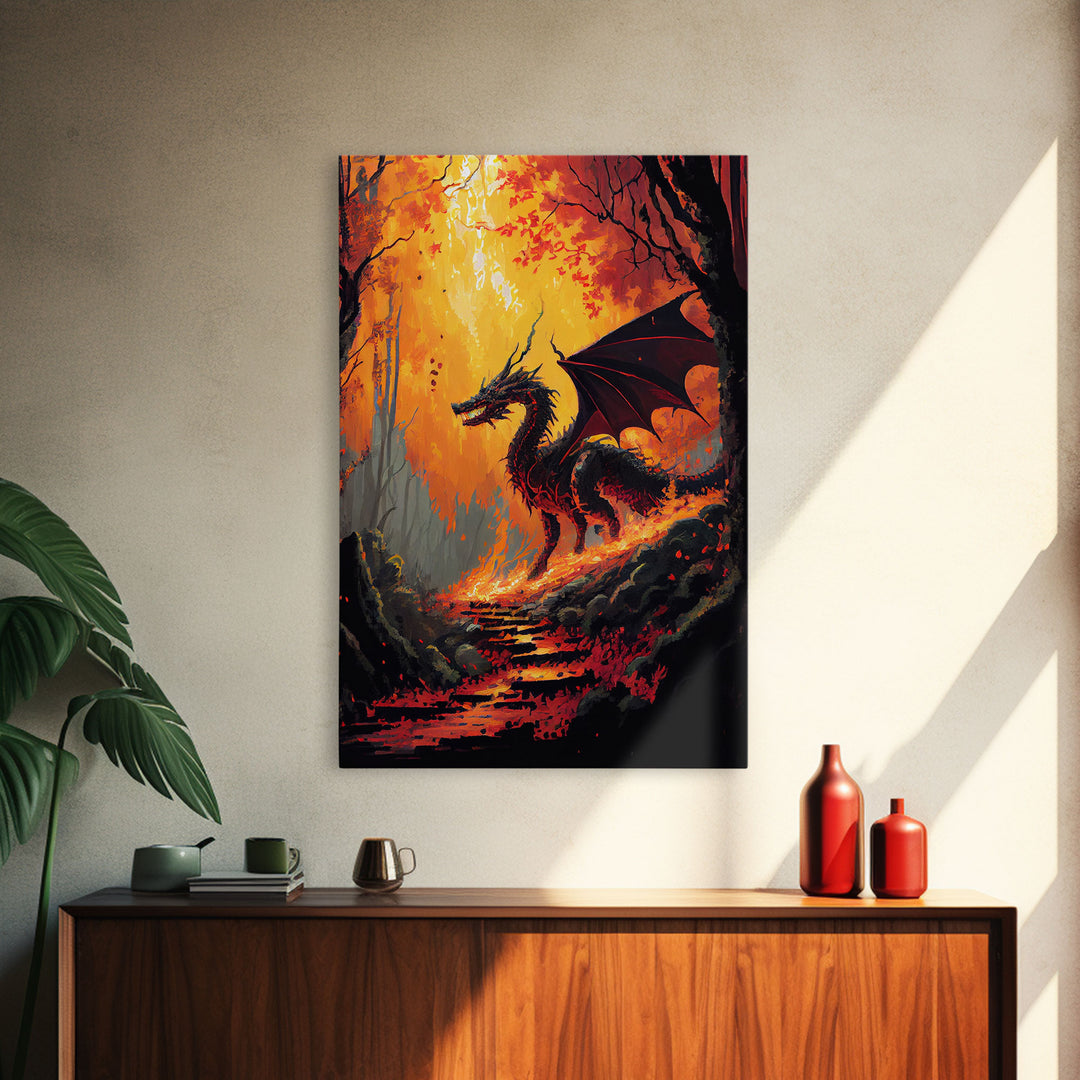 Dragon standing in a burned forest, fantasy art, fine art poster print