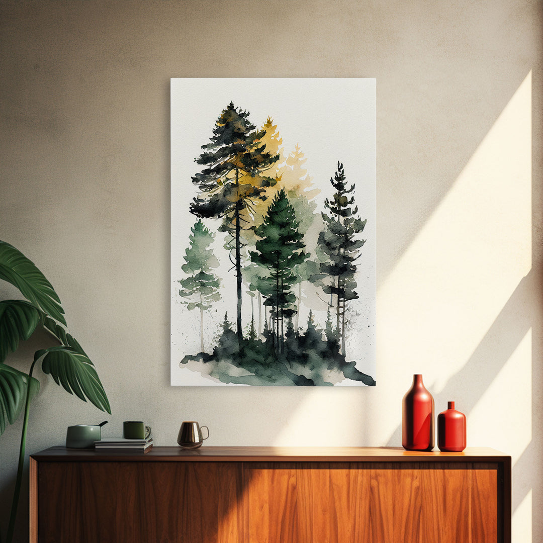 Watercolor pine tree forest, framed canvas print, cool wall art