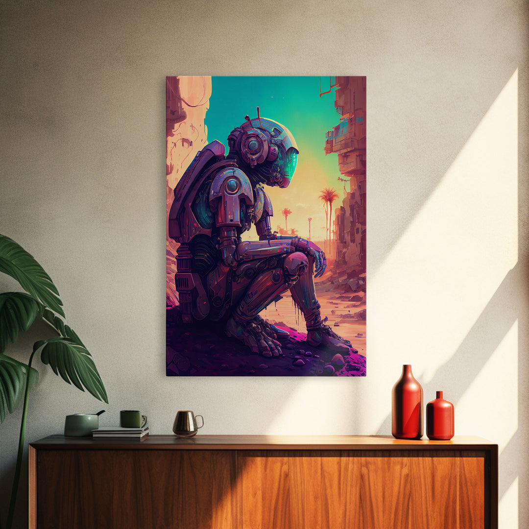 Android deep in thought, AI, fine art poster print