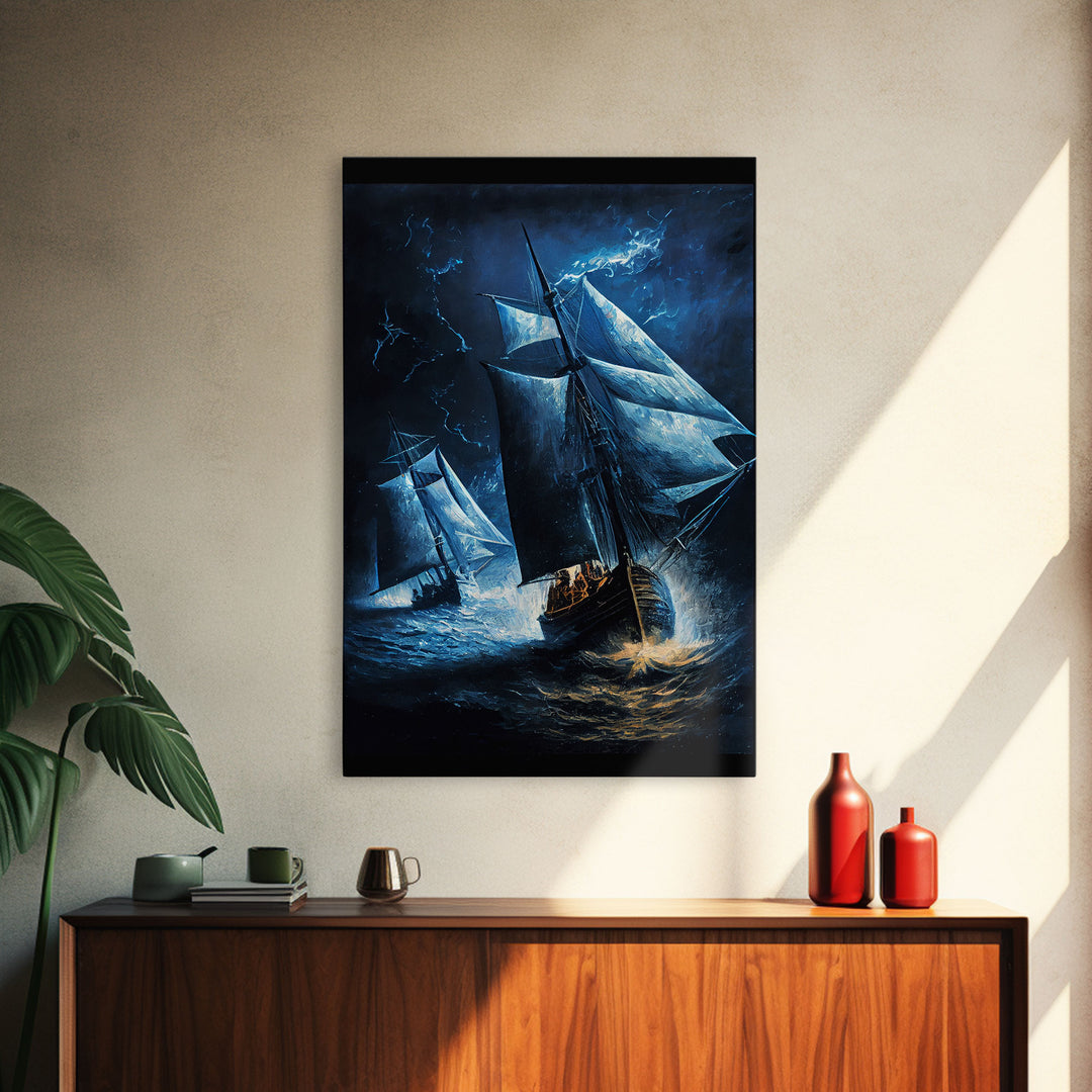 Saiilboats caught in a thunder storm, nautical art, framed canvas print, framed wall art