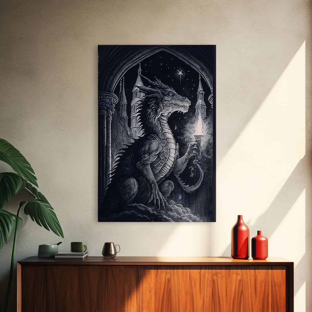 Dragon holding a torch, poster art, black and white dragon