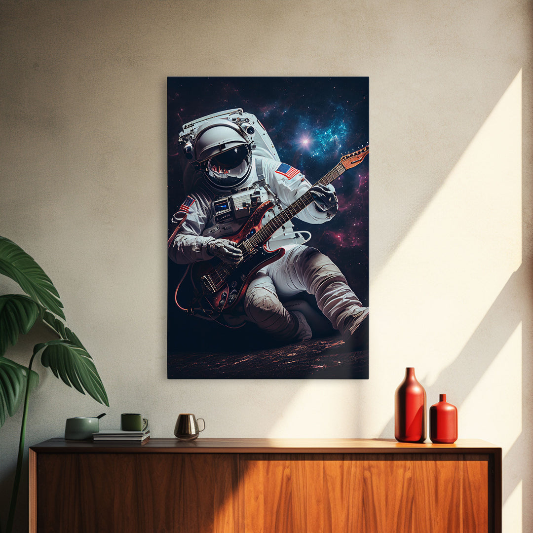 Jammin' in space, astronaut playing the guitar, framed canvas print