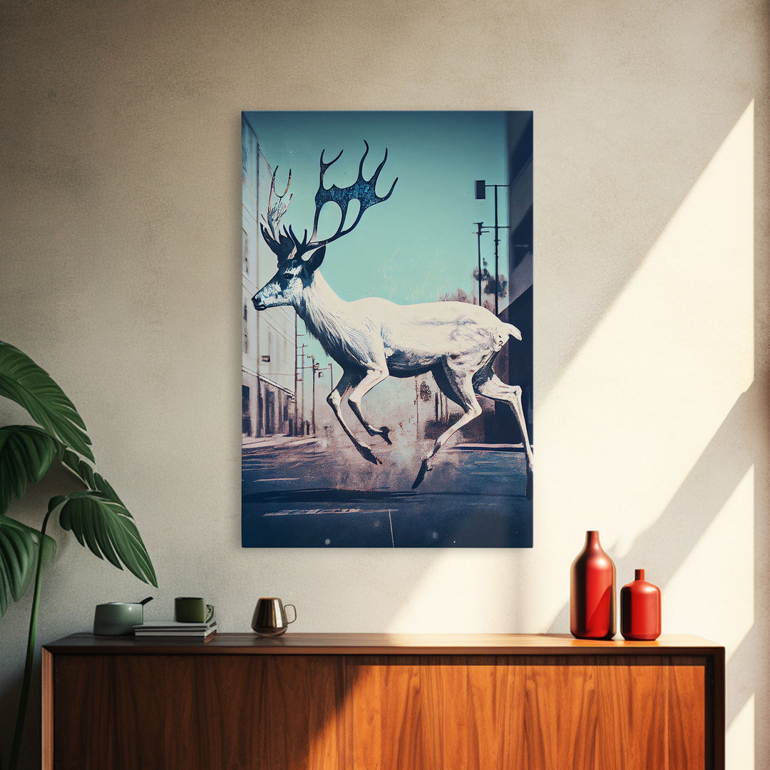 White stag in the city, post-apocalyptic urban decay art, framed canvas print