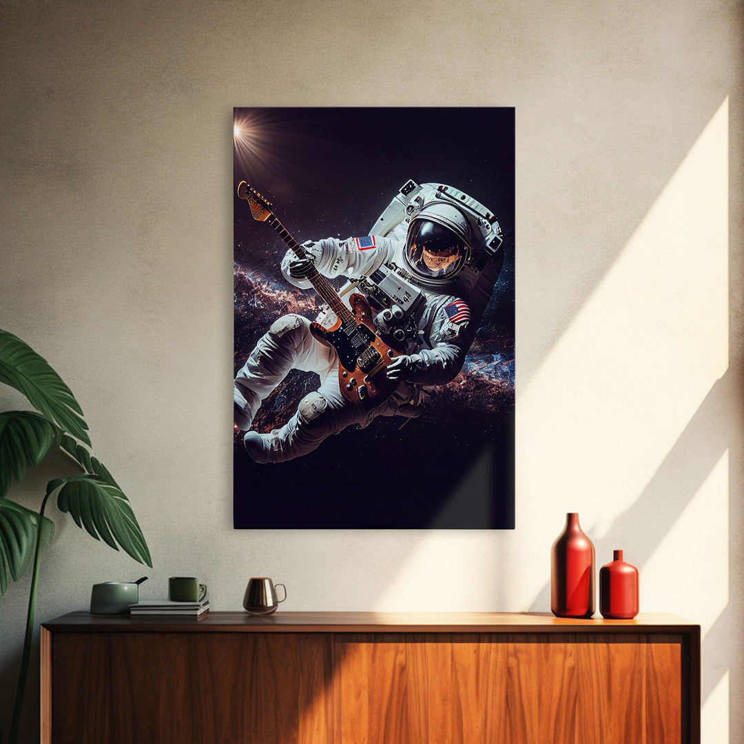 Space man jam, astronaut playing guitar in space, framed canvas print wall art