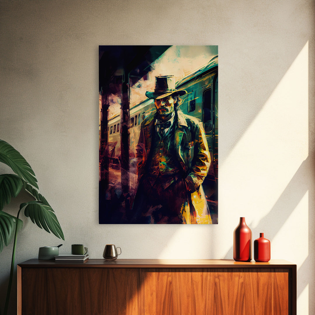 Cowboy waiting for the train, framed wall art, framed canvas print