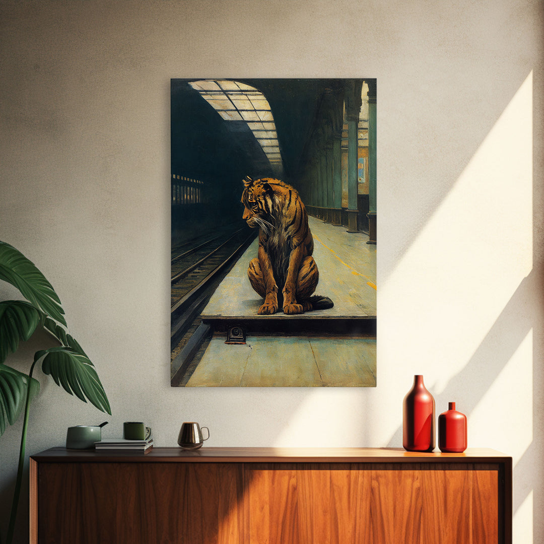 Tiger in a subway, urban decay, nature, framed canvas print, framed wall art