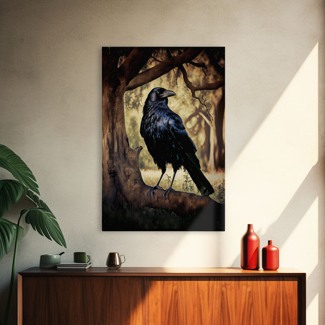 The raven, cool crow art, raven in a forest portrait, fine art poster print