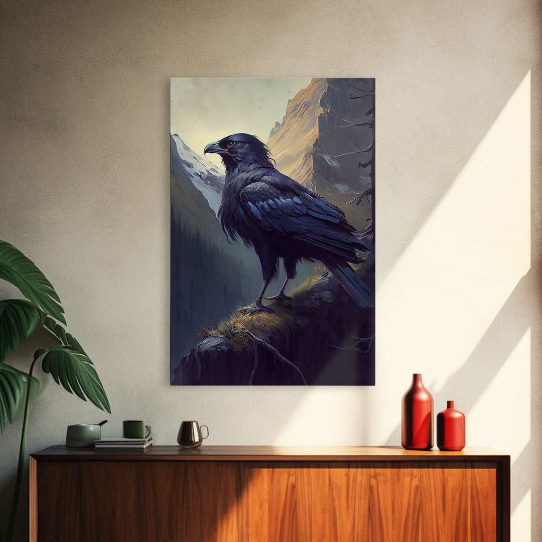 The raven, cool mountain crow art, raven in a forest portrait, fine art poster print