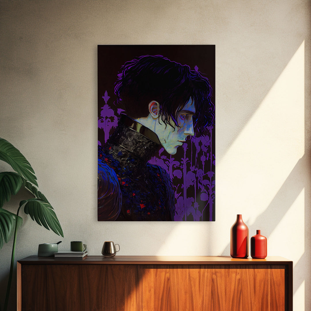 Portrait off the black knight, purple fantasy art, framed canvas print wall art