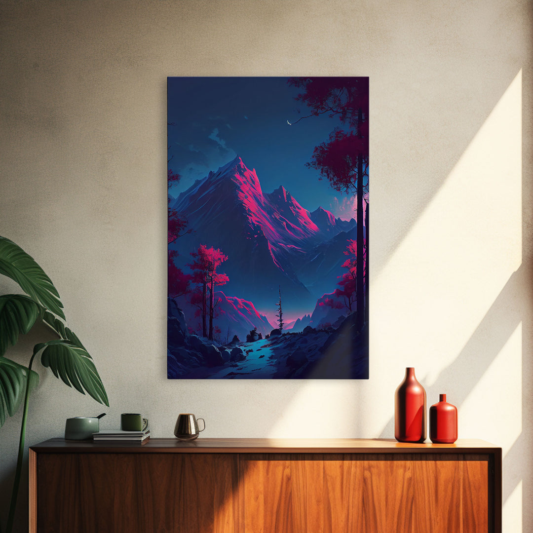 Vaporwave mountain landscape, pink and purple mountain art, framed canvas print