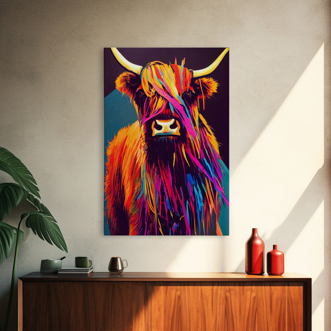 Colorful farmhouse art, Highland cow, Scotland cattle, framed canvas print